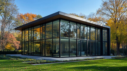 Fototapeta premium Modern glass walled home surrounded by autumn trees