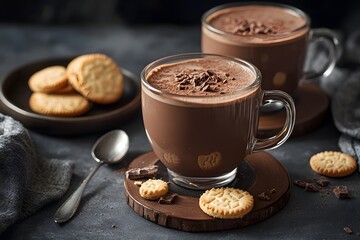 A photo of hot chocolate in glass mugs with small cookies on the side, being poured from an old-fashioned silver spoon into a wooden coaster on top of a white knitted cloth tablecloth