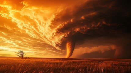 A powerful tornado with dark, swirling clouds in the sky over an open field at sunset. The tornado is shown from below and appears to be moving towards the viewer. In the background.