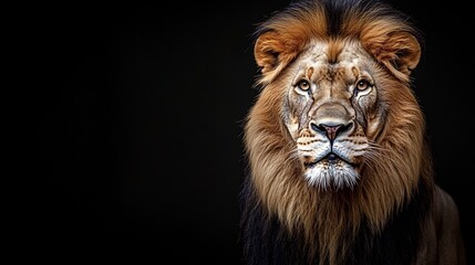 Fototapeta premium Majestic Lion Portrait Displaying Intense Gaze Against Black Background