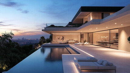 Fototapeta premium Modern luxury mansion with rooftop infinity pool at sunset