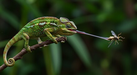 Fototapeta premium Chameleon Catching Prey: A Moment of Nature's Perfection