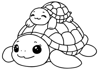 A cute illustration of a mother turtle with a baby turtle happily resting on its back, perfect for coloring or children's activities.
