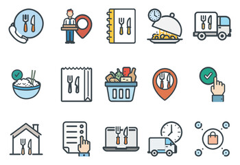 A set of food-related icons, including a fork, knife, and spoon