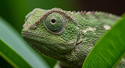 Obraz premium Close-up Portrait of a Green Chameleon in Lush Foliage