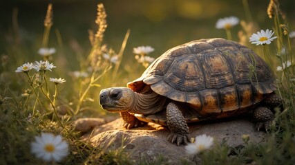 Fototapeta premium Turtle Resting on a Rock in a Field of Daisies