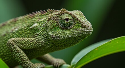 Obraz premium Close-up of a vibrant green chameleon perched on a lush leaf, showcasing its intricate scales and captivating gaze in a tropical rainforest habitat.