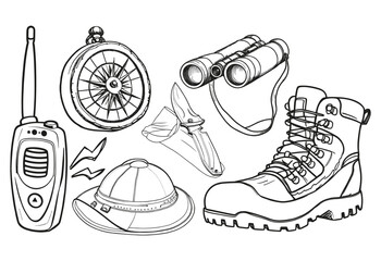 Fototapeta premium A drawing of a compass, binoculars, and a radio. The drawing is of a person who is going on a trip