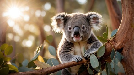 Fototapeta premium Cute Koala Sitting on Tree Branch in Sunny Forest Setting