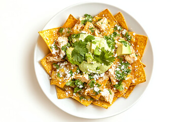 a plate of nachos with chicken and avocado
