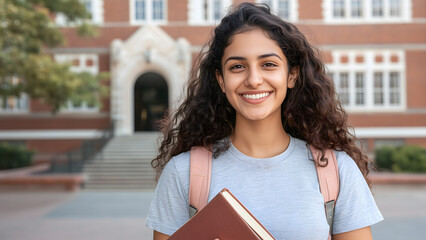 Young Indian Female Student Holding Books at College Campus. Education and Learning Concept