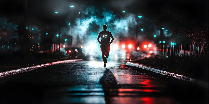 Photo of Silhouette Running on Wet Road at Night in City with Car Lights