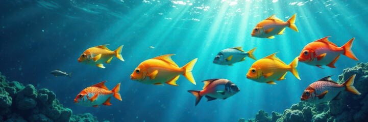 Fototapeta premium School of colorful fish swimming amidst gentle waves, sea creatures, marine life
