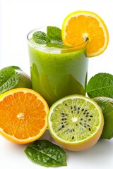 Fresh green smoothie with orange slices and leaves.