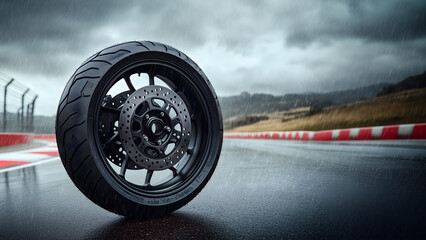 Motorbike Tire in Rain on a Race Track Showing Bike Performance, Service, and Maintenance