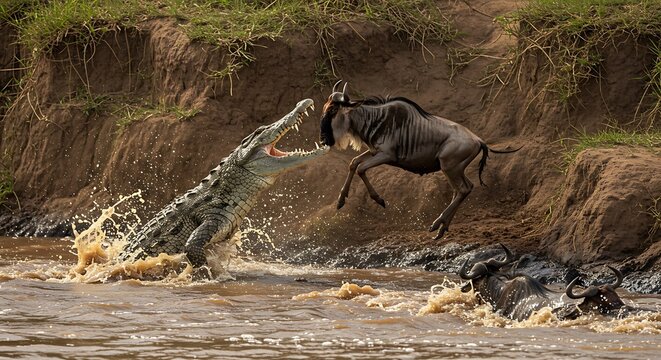 Crocodile Attacking Wildebeest in River