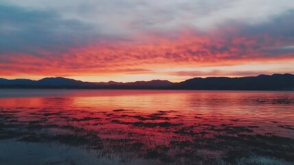 Fototapeta premium Crimson Evening Reflections on Tranquil Water Surface at Dusk with Mountain Backdrop Serenity
