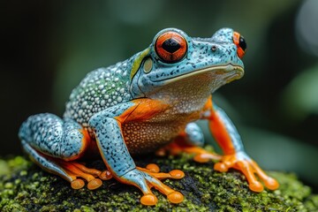 Obraz premium Colorful frog perched on mossy rock in rainforest
