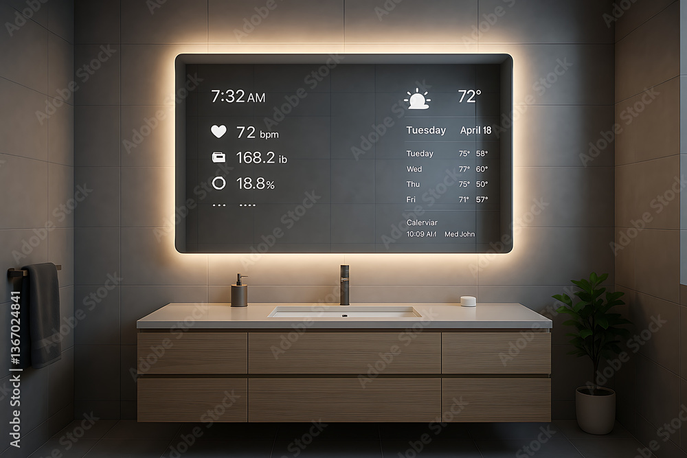 Poster futuristic smart bathroom mirror displaying digital health data weather schedule and daily metrics w