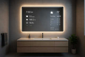 Futuristic smart bathroom mirror displaying digital health data weather schedule and daily metrics with sleek illuminated interface in modern tech home interior with touchless technology features