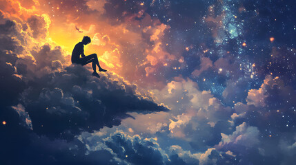 Obraz premium Solitude Amidst Celestial Wonders: A Man Contemplates Existence on a Cloud Above a Starry Sky
