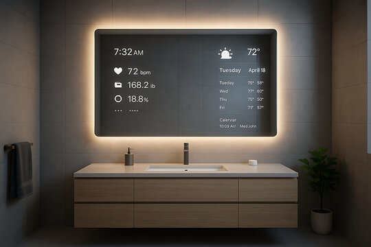 Futuristic smart bathroom mirror displaying digital health data weather schedule and daily metrics with sleek illuminated interface in modern tech home interior with touchless technology features
