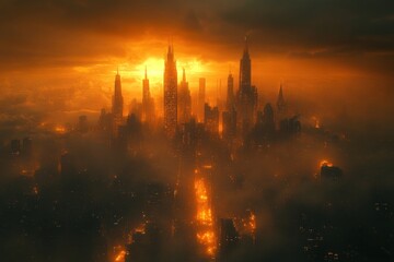 Fototapeta premium Fiery apocalyptic city skyline bathed in orange sunset