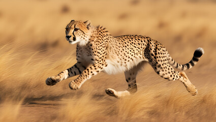 Fototapeta premium A cheetah in mid-sprint across the African savanna, its muscles taut and fur rippling with motion. The background is blurred to emphasize the speed, and the golden grass streaks past in a dynamic moti