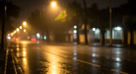 Fototapeta premium Blurry nighttime cityscape with rain falling and street lights creating atmospheric bokeh, perfect for mood-setting in content creation.