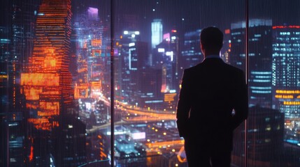Businessman gazing at vibrant city lights