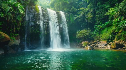 Fototapeta premium Serene Waterfall in Lush Tropical Forest