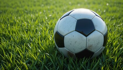 Obraz premium close-up of a well-used, textured soccer ball resting in lush green grass. perfect for sports-related projects.