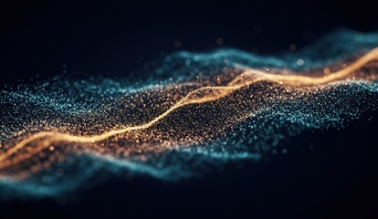 Abstract background with glowing golden and blue particles, creating wave-like motion. Represents digital concepts.