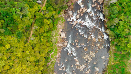 Bird’s-eye perspective of Karangahake Gorge with its vibrant green foliage and river