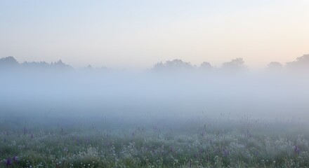 Fototapeta premium A foggy landscape with wildflowers and a hint of sunrise, perfect for nature or environmental themes.