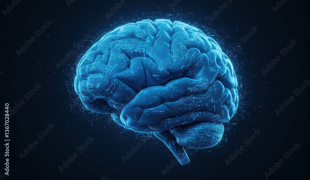 Poster digital brain with circuitry visualized in blue against dark background, representing artificial int