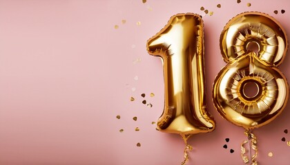 Banner with 18 number golden balloons with pastel background, copy space. Generated image