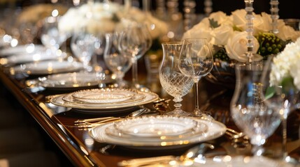 Elegant Fine Dining Table Setup with White Roses and Crystal Glassware