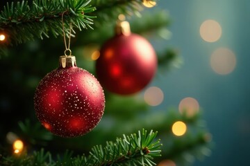 Obraz premium Sparkly baubles adorn a lush green tree with soft glowing lights, soft glowing lights, winter beauty