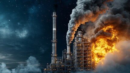 An Insightful View of Industrial Operations with Workers at Control Panels Overseeing Emission Controls in a Large Factory Environment