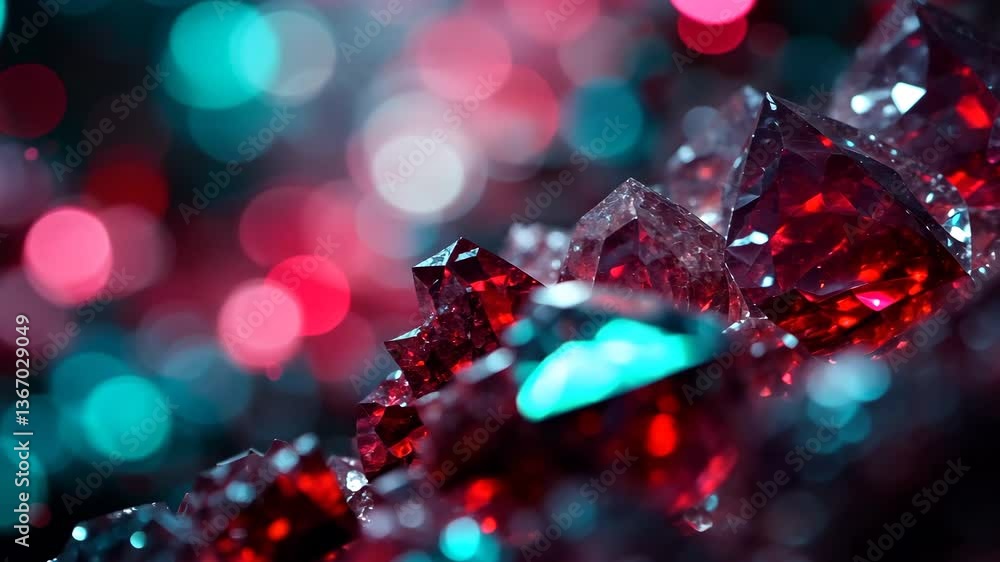 Poster macro view of red crystals with teal and pink bokeh background in a striking and visually dynamic co