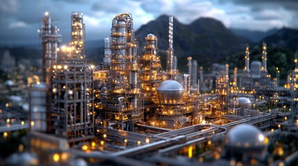 Fototapeta premium An In-Depth Look at the Vibrant City Life with Workers Overseeing Fuel Processing Control Panels Illuminated by City Lights