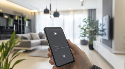 Person controlling home security system through smartphone app in a modern, secure home, contemporary home with smart security devices and cameras