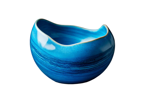 Unique handcrafted ceramic bowl featuring a smooth blue gradient glaze, isolated on transparent or white background