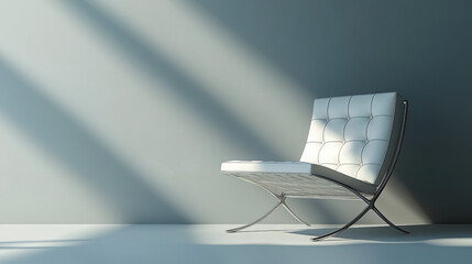 modern minimalist photograph of a white Barcelona chair against a plain wall with natural sunlight, ideal for interior design blogs, furniture showcases, or articles on contemporary living spaces.