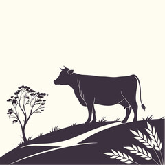 Black and white vector illustration shows animal silhouettes including a cow and horse