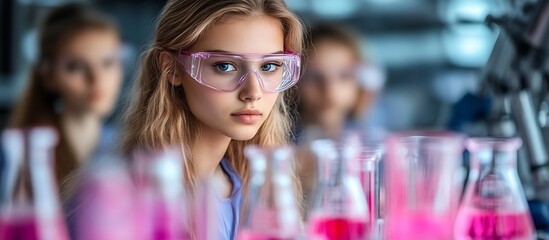 Teenage Girl in Laboratory with Pink Liquid Science Experiment