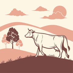 Vector illustration depicts farm animals including a cow and calf silhouette, showcasing cattle and other mammals in an agricultural setting