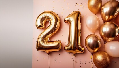 Banner with 21 number golden balloons with pastel background, copy space. Generated image