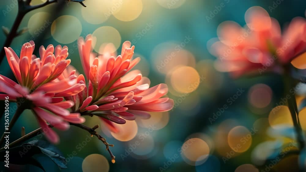Poster red flowers with teal bokeh background in soft focus abstract floral pattern
